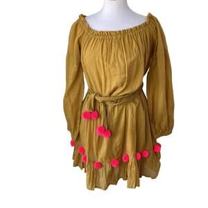 SUNDRESS Off the Shoulder Cotton Dress Beach Cover Up Pom Poms Gold Pink M/L